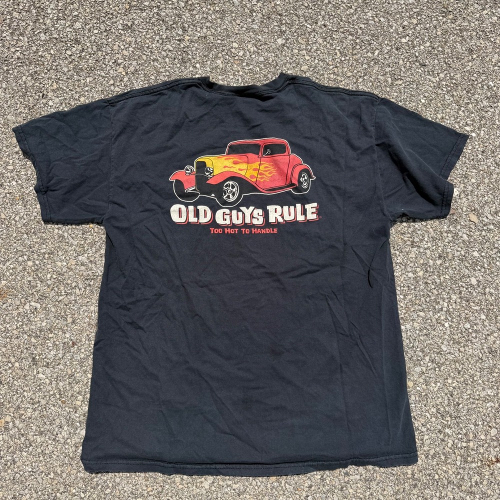 Old Guys Rule Hot Rod Flame Graphic T-Shirt Mens Large Black Too Hot To Handle